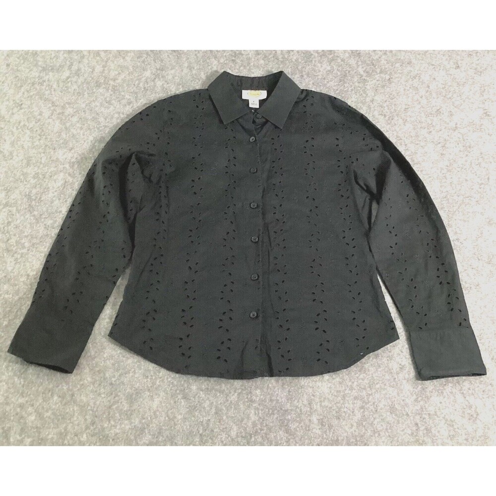 Talbot's Woman Black Eyelet Blouse Button Front Long Sleeves Size 6 Cotton